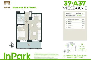Rzut - Mieszkanie na sprzedaż 2 pokoje o powierzchni 37,22 m² - numer 37 - A37 w InPark
