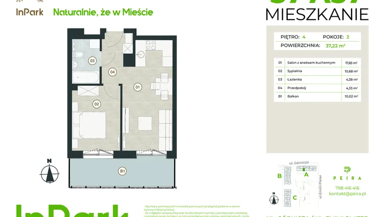 Rzut - Mieszkanie na sprzedaż 2 pokoje o powierzchni 37,22 m² - numer 37 - A37 w InPark