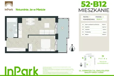 Rzut - Mieszkanie na sprzedaż 2 pokoje o powierzchni 39,35 m² - numer 52 - B12 w InPark