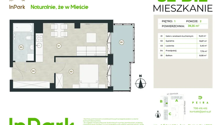 Rzut - Mieszkanie na sprzedaż 2 pokoje o powierzchni 39,35 m² - numer 52 - B12 w InPark