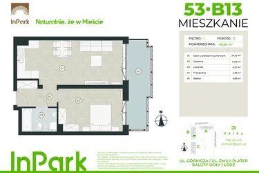 Rzut - Mieszkanie na sprzedaż 2 pokoje o powierzchni 48,64 m² - numer 53 - B13 w InPark