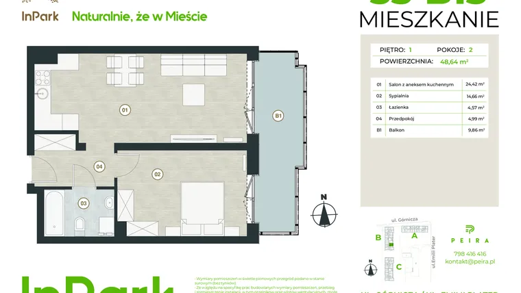 Rzut - Mieszkanie na sprzedaż 2 pokoje o powierzchni 48,64 m² - numer 53 - B13 w InPark
