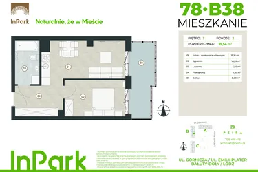 Rzut - Mieszkanie na sprzedaż 2 pokoje o powierzchni 39,43 m² - numer 78 - B38 w InPark