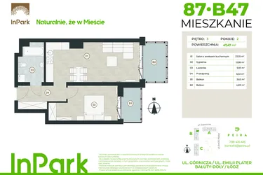 Rzut - Mieszkanie na sprzedaż 2 pokoje o powierzchni 47,47 m² - numer 87 - B47 w InPark