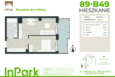 Rzut - Mieszkanie na sprzedaż 2 pokoje o powierzchni 39,49 m² - numer 89 - B49 w InPark
