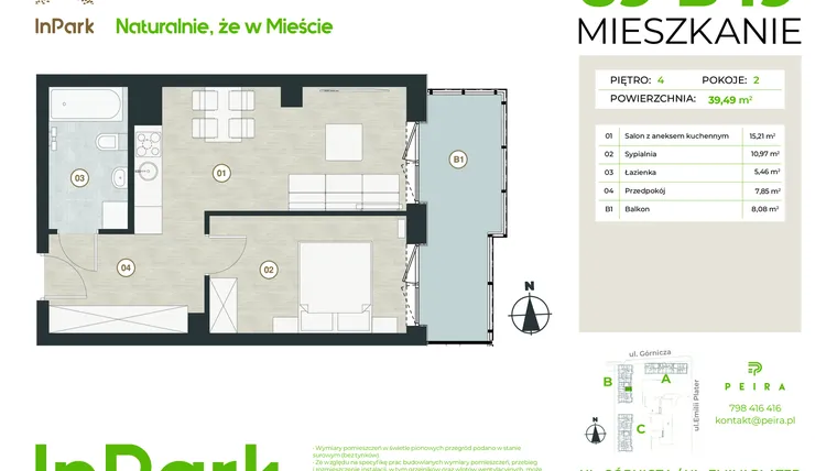 Rzut - Mieszkanie na sprzedaż 2 pokoje o powierzchni 39,49 m² - numer 89 - B49 w InPark