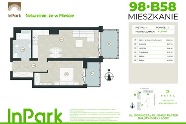 Rzut - Mieszkanie na sprzedaż 2 pokoje o powierzchni 47,49 m² - numer 98 - B58 w InPark