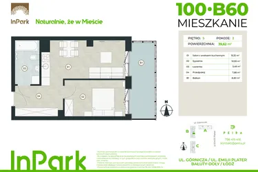 Rzut - Mieszkanie na sprzedaż 2 pokoje o powierzchni 39,62 m² - numer 100 - B60 w InPark