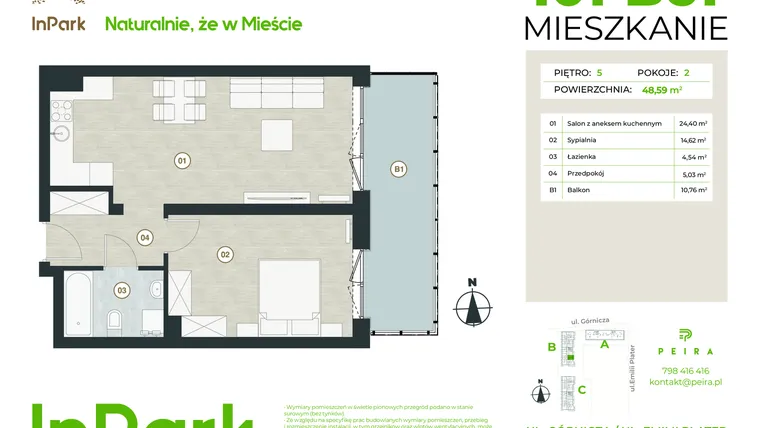 Rzut - Mieszkanie na sprzedaż 2 pokoje o powierzchni 48,59 m² - numer 101 - B61 w InPark
