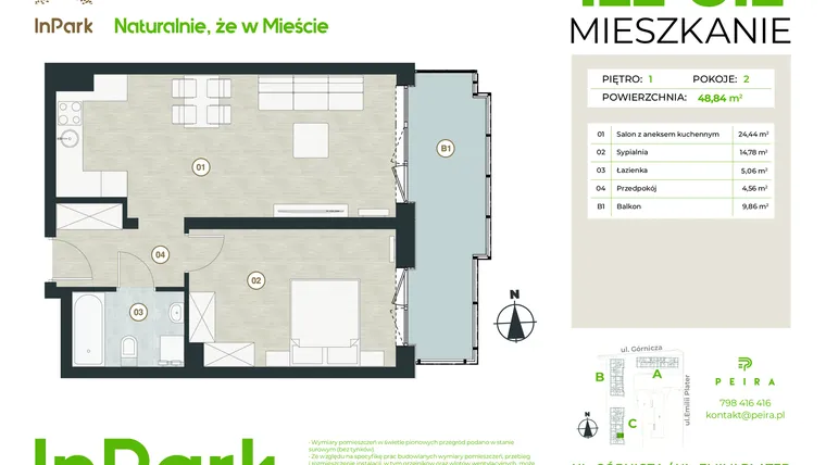 Rzut - Mieszkanie na sprzedaż 2 pokoje o powierzchni 48,84 m² - numer 122 - C12 w InPark