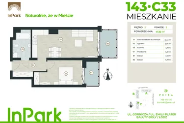 Rzut - Mieszkanie na sprzedaż 2 pokoje o powierzchni 47,52 m² - numer 143 - C33 w InPark