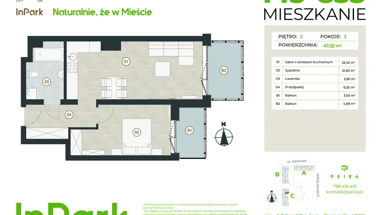 Rzut - Mieszkanie na sprzedaż 2 pokoje o powierzchni 47,52 m² - numer 143 - C33 w InPark