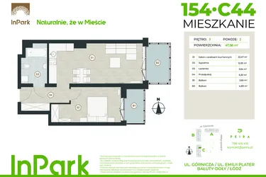 Rzut - Mieszkanie na sprzedaż 2 pokoje o powierzchni 47,66 m² - numer 154 - C44 w InPark