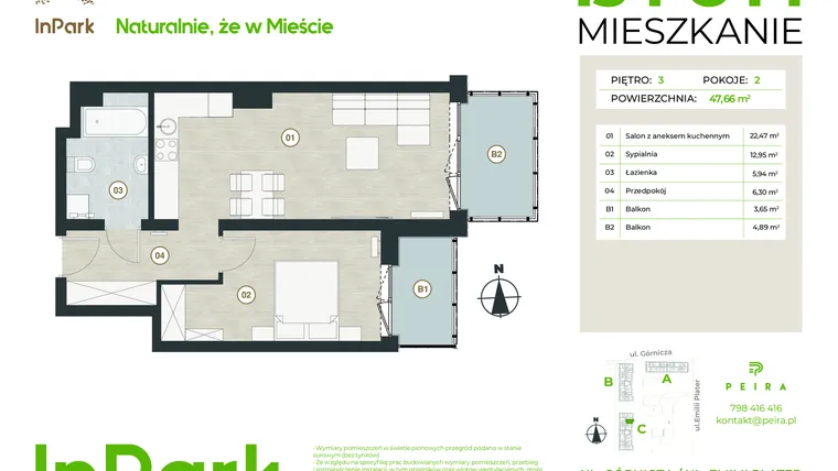 Rzut - Mieszkanie na sprzedaż 2 pokoje o powierzchni 47,66 m² - numer 154 - C44 w InPark