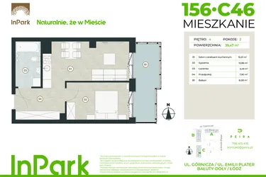 Rzut - Mieszkanie na sprzedaż 2 pokoje o powierzchni 39,47 m² - numer 156 - C46 w InPark