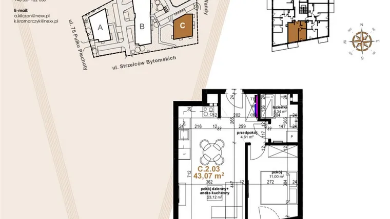 Rzut - Mieszkanie na sprzedaż 2 pokoje o powierzchni 43,07 m² - numer VC.2.03 w Vanda Park