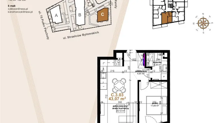 Rzut - Mieszkanie na sprzedaż 2 pokoje o powierzchni 43,07 m² - numer VC.3.03 w Vanda Park