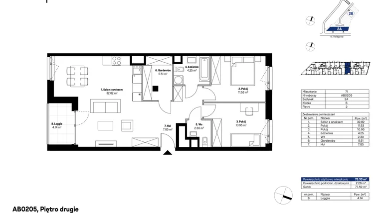 Rzut - Mieszkanie na sprzedaż 3 pokoje o powierzchni 75,18 m² - numer AB0205 w NU2 Warszawa Wola