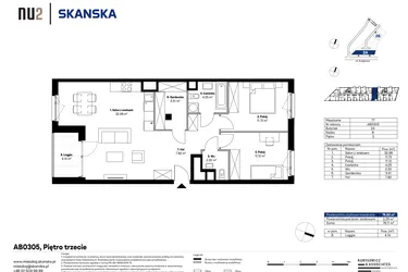 Rzut - Mieszkanie na sprzedaż 3 pokoje o powierzchni 75,59 m² - numer AB0305 w NU2 Warszawa Wola