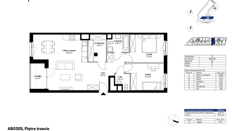 Rzut - Mieszkanie na sprzedaż 3 pokoje o powierzchni 75,59 m² - numer AB0305 w NU2 Warszawa Wola
