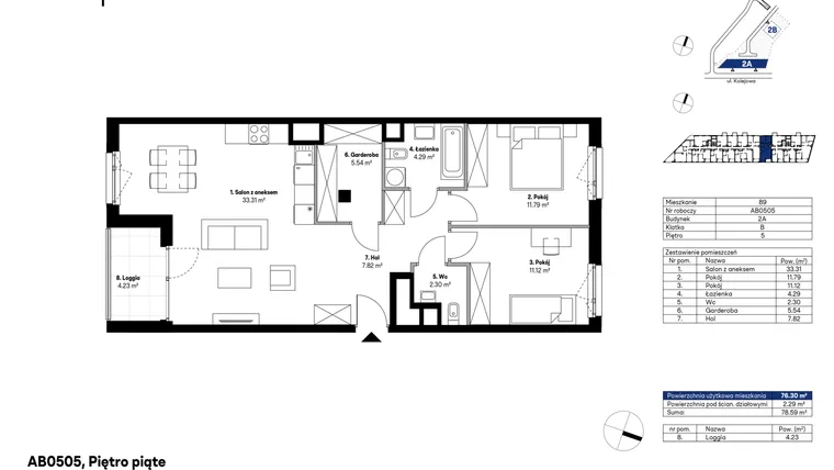 Rzut - Mieszkanie na sprzedaż 3 pokoje o powierzchni 76,02 m² - numer AB0505 w NU2 Warszawa Wola