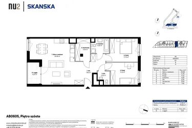 Rzut - Mieszkanie na sprzedaż 3 pokoje o powierzchni 75,86 m² - numer AB0605 w NU2 Warszawa Wola