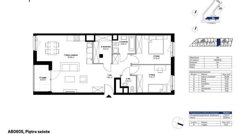 Rzut - Mieszkanie na sprzedaż 3 pokoje o powierzchni 75,86 m² - numer AB0605 w NU2 Warszawa Wola