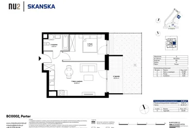 Rzut - Mieszkanie na sprzedaż 2 pokoje o powierzchni 41,52 m² - numer BC0002 w NU2 Warszawa Wola