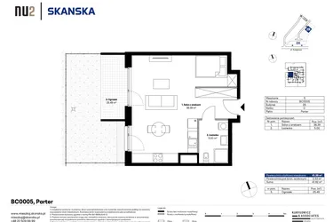 Rzut - Mieszkanie na sprzedaż 1 pokój o powierzchni 41,31 m² - numer BC0005 w NU2 Warszawa Wola