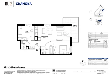 Rzut - Mieszkanie na sprzedaż 3 pokoje o powierzchni 65,6 m² - numer BC0101 w NU2 Warszawa Wola