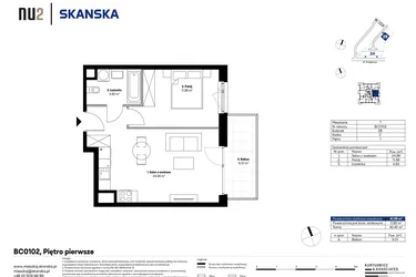 Rzut - Mieszkanie na sprzedaż 2 pokoje o powierzchni 41,53 m² - numer BC0102 w NU2 Warszawa Wola