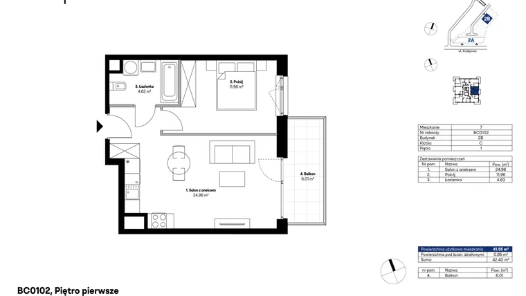 Rzut - Mieszkanie na sprzedaż 2 pokoje o powierzchni 41,53 m² - numer BC0102 w NU2 Warszawa Wola