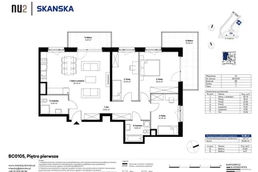 Rzut - Mieszkanie na sprzedaż 4 pokoje o powierzchni 92,56 m² - numer BC0105 w NU2 Warszawa Wola