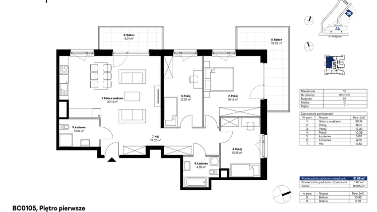 Rzut - Mieszkanie na sprzedaż 4 pokoje o powierzchni 92,56 m² - numer BC0105 w NU2 Warszawa Wola