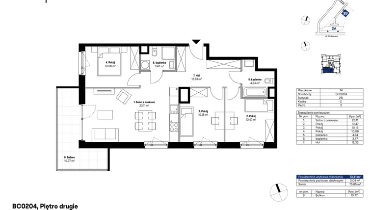 Rzut - Mieszkanie na sprzedaż 4 pokoje o powierzchni 74,16 m² - numer BC0204 w NU2 Warszawa Wola