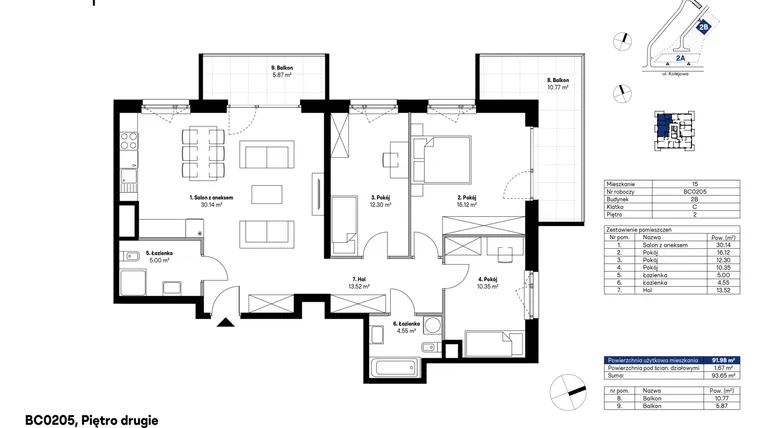 Rzut - Mieszkanie na sprzedaż 4 pokoje o powierzchni 92,53 m² - numer BC0205 w NU2 Warszawa Wola