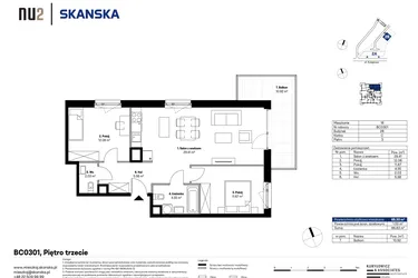 Rzut - Mieszkanie na sprzedaż 3 pokoje o powierzchni 65,46 m² - numer BC0301 w NU2 Warszawa Wola