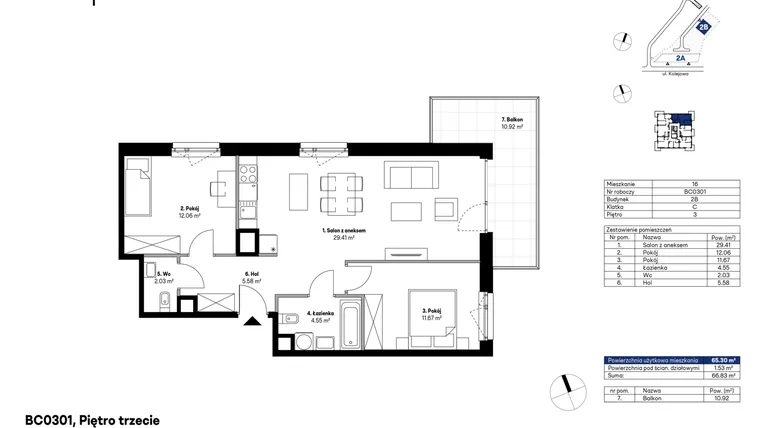 Rzut - Mieszkanie na sprzedaż 3 pokoje o powierzchni 65,46 m² - numer BC0301 w NU2 Warszawa Wola