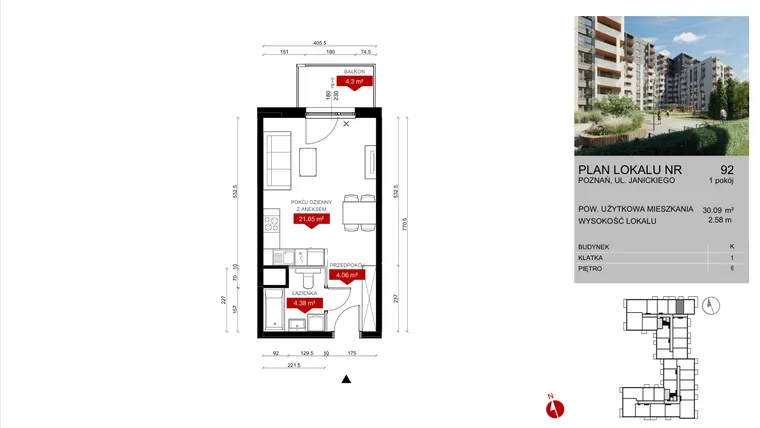 Rzut - Mieszkanie na sprzedaż 1 pokój o powierzchni 30,09 m² - numer K.92 w Wieża Jeżyce etap V
