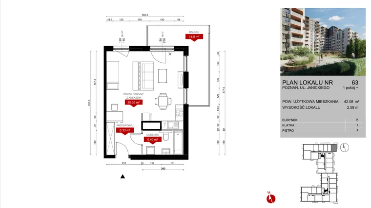 Rzut - Mieszkanie na sprzedaż 1 pokój o powierzchni 42,08 m² - numer K.63 w Wieża Jeżyce etap V