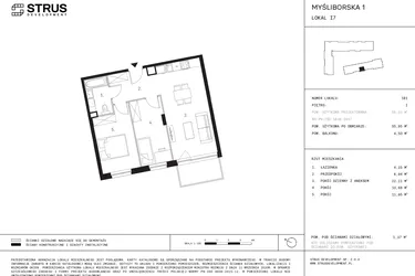 Rzut - Mieszkanie na sprzedaż 3 pokoje o powierzchni 55,95 m² - numer I7.1 w Myśliborska III etap