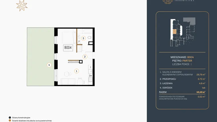 Rzut - Mieszkanie na sprzedaż 1 pokój o powierzchni 40,15 m² - numer B.004 w Rezydencja Śródmiejska