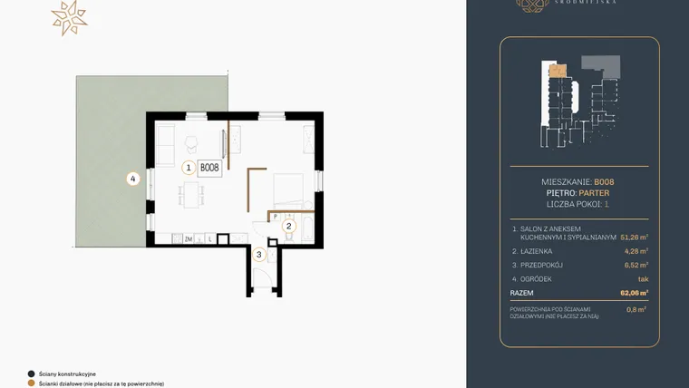 Rzut - Mieszkanie na sprzedaż 1 pokój o powierzchni 62,26 m² - numer B.008 w Rezydencja Śródmiejska