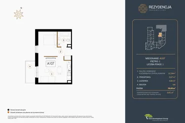 Rzut - Mieszkanie na sprzedaż 1 pokój o powierzchni 39,73 m² - numer A.107 w Rezydencja Śródmiejska