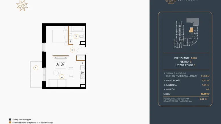 Rzut - Mieszkanie na sprzedaż 1 pokój o powierzchni 39,73 m² - numer A.107 w Rezydencja Śródmiejska