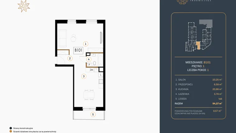 Rzut - Mieszkanie na sprzedaż 1 pokój o powierzchni 53,96 m² - numer B.101 w Rezydencja Śródmiejska