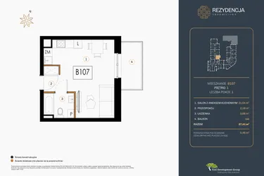 Rzut - Mieszkanie na sprzedaż 1 pokój o powierzchni 27,61 m² - numer B.107 w Rezydencja Śródmiejska