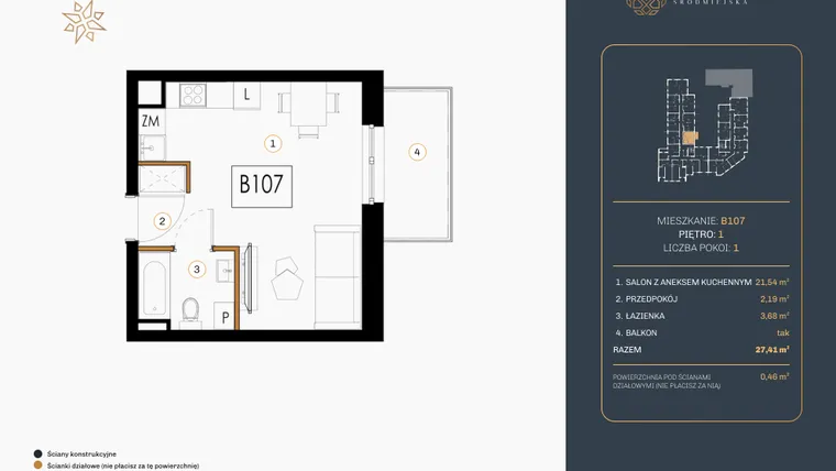 Rzut - Mieszkanie na sprzedaż 1 pokój o powierzchni 27,61 m² - numer B.107 w Rezydencja Śródmiejska