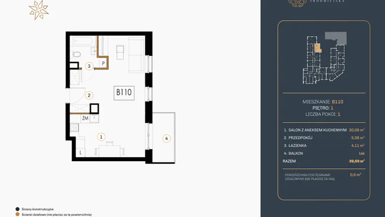 Rzut - Mieszkanie na sprzedaż 1 pokój o powierzchni 39,67 m² - numer B.110 w Rezydencja Śródmiejska