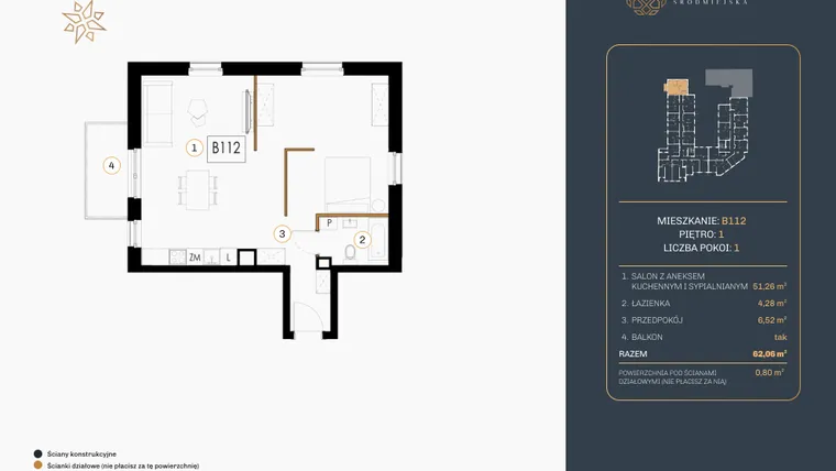 Rzut - Mieszkanie na sprzedaż 1 pokój o powierzchni 62,26 m² - numer B.112 w Rezydencja Śródmiejska